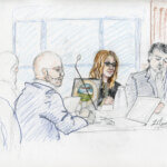courtroom sketch, from left, depicts Madison County prosecutor Rob Wood, Lori Vallow Daybell and defense attorney Jim Archibald