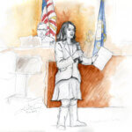 courtroom sketch depicts Madison County Magistrate Judge Steven Boyce listening to Fremont County Prosecuting Attorney Lindsey Blake
