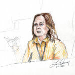 courtroom sketch depicts Kay Woodcock