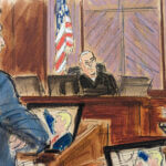 E. Jean Carroll, right, is questioned by her attorney Michael Ferrara