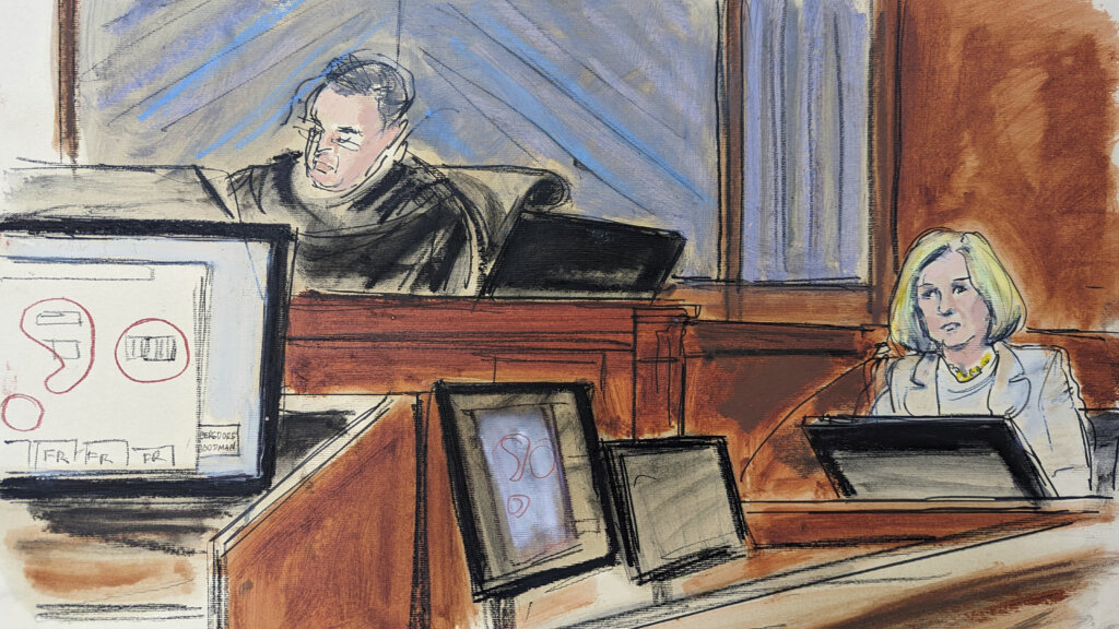In this courtroom sketch, former Bergdorf Goodman store manager Cheryl Beall testifies