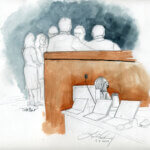 Sketch of Lori Vallow Daybell at counsel table during a sidebar