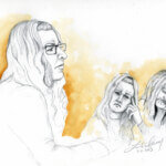 Sketch of Lori Vallow Daybell listening to her podcast in court