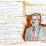 Sketch of douglas hart testifying, surrounded by text messages