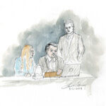 Sketch shows Lori Vallow Daybell and her attorneys looking at a computer