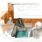 Sketch of Douglas Hart testifying with white board in background and attorneys in foreground