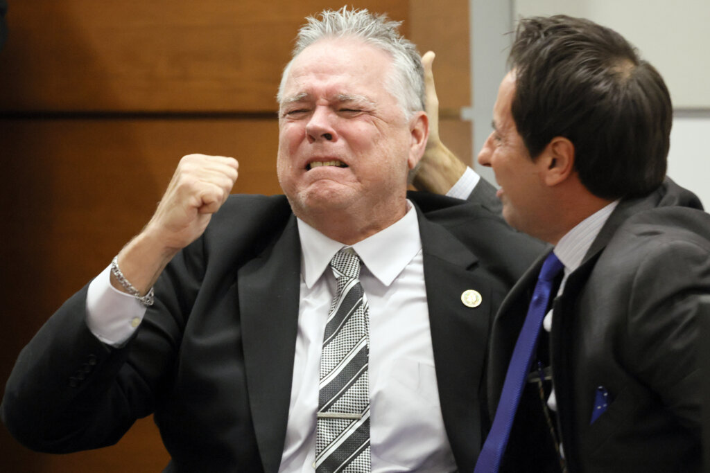 Former Marjory Stoneman Douglas High School School Resource Officer Scot Peterson reacts as he is found not guilty.