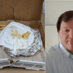 left, pizza box with paper plate and pizza crusts, right selfie of Rex Heuermann