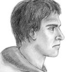 Police black and white sketch of a male's profile