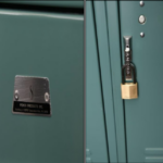 photograph of green lockers, a lock, and a brown evidence bag in a locker