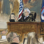 Courtroom Sketch showing Donald Trump's testimony on Nov. 6, 2023.