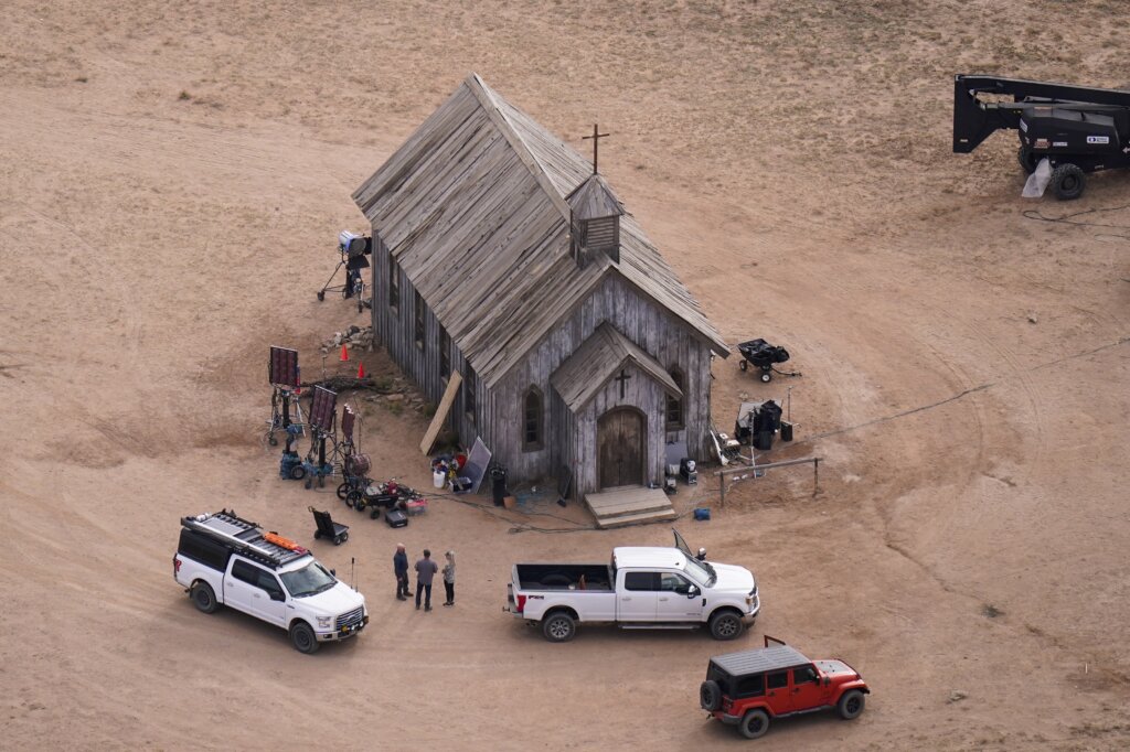 This aerial photo shows the movie set of "Rust,"