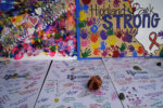 Hand written, painted signs and rocks dedicated to the seven people killed and others injured in the Fourth of July mass shooting