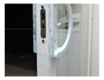 sliding glass door with blue on it