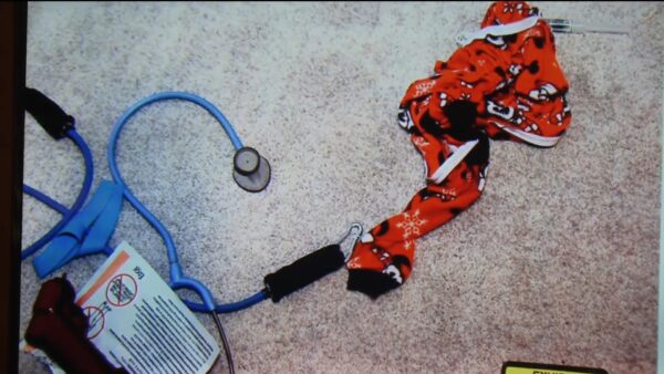 blue exercise band and callans pjs