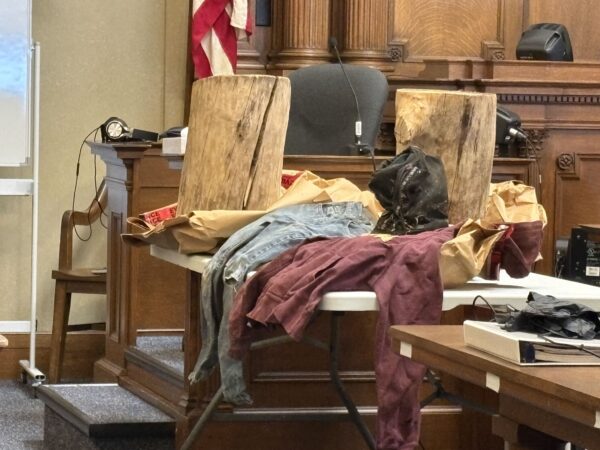 Logs and clothes on a table in court