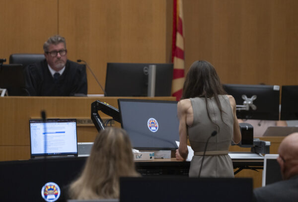 Laura Owens addresses the judge