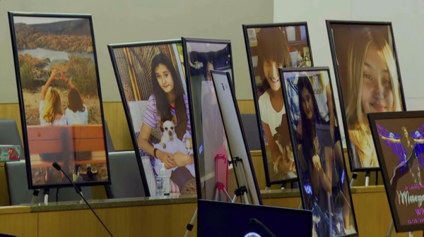 Photos of Margaret Williams on easels in court